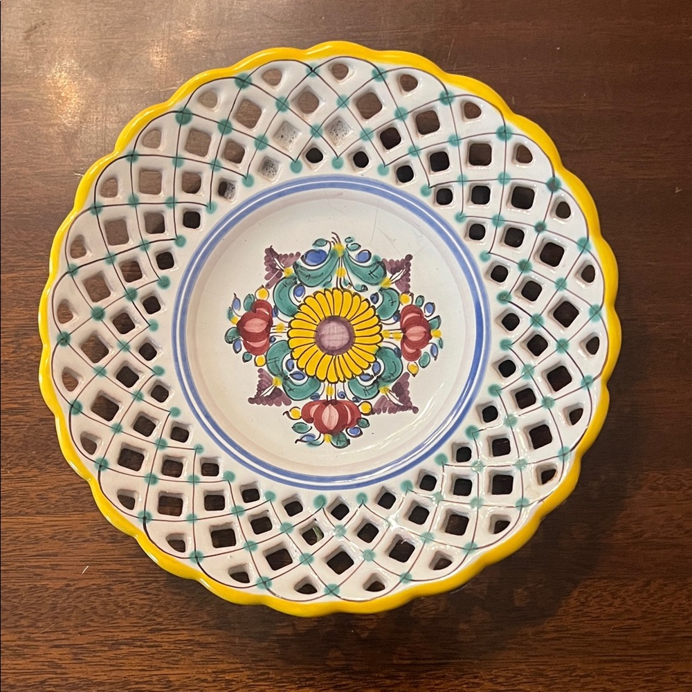Modra Slovakia Majolica Pottery Sunflower Reticulated Wall Plate.